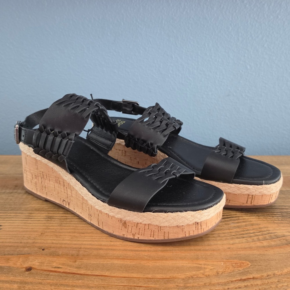 Frye and Co Womens Lavish Wedge Sandal Black Woven Cork Platform Size 7M